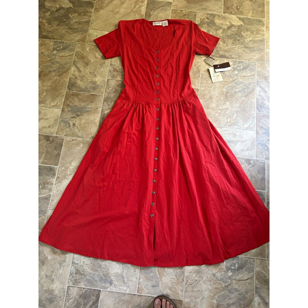 Vtg Liz Claiborne Red Solid Button Short Sleeve Maxi Dress XS pocket cotton